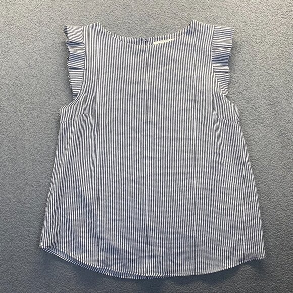 Monteau Top Teens Size M Blue White Striped Short Sleeve Ruffled Blouse - Picture 9 of 10